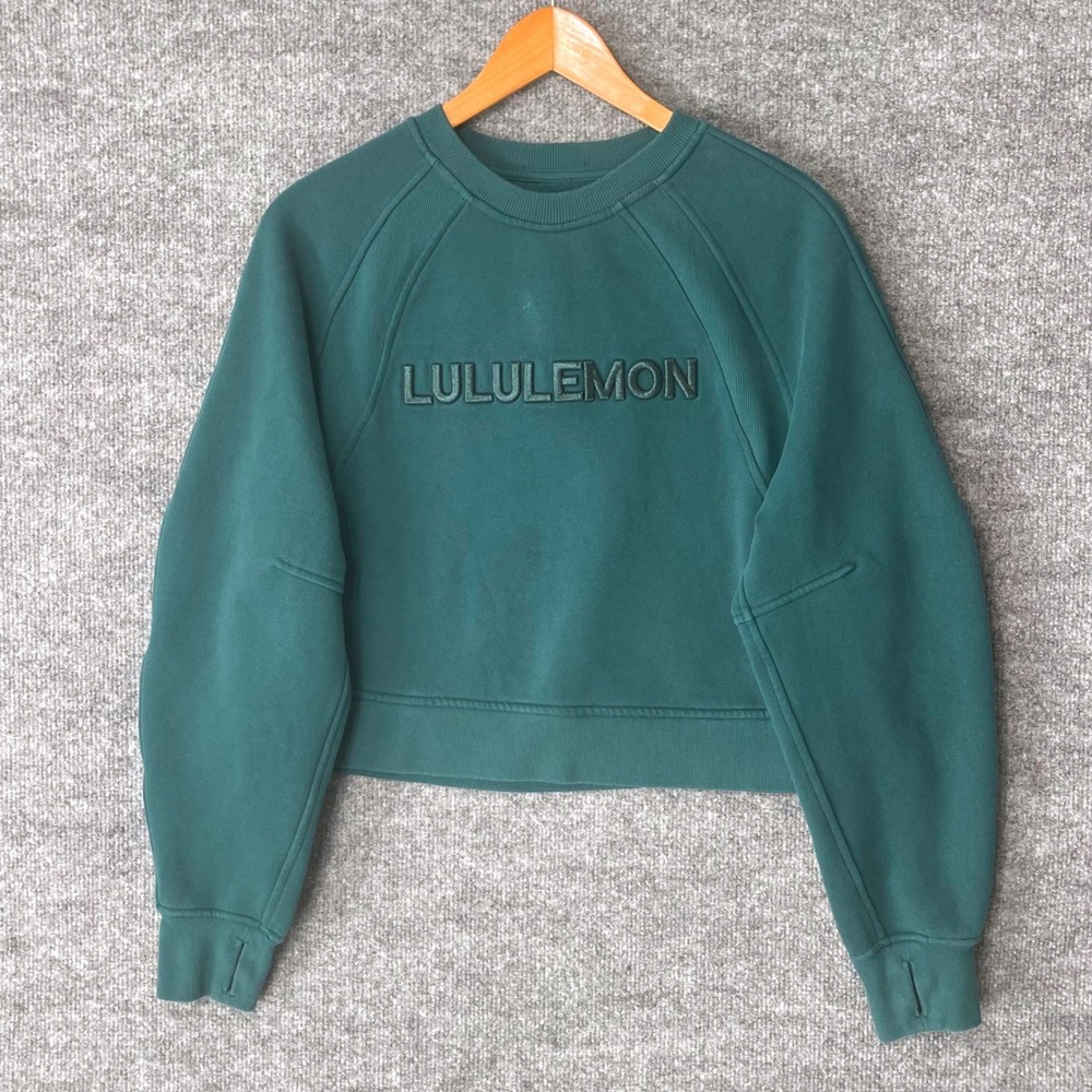 Lululemon Perfectly Oversized Cropped Crewneck Teal Green Logo Sweatshirt SIze8
